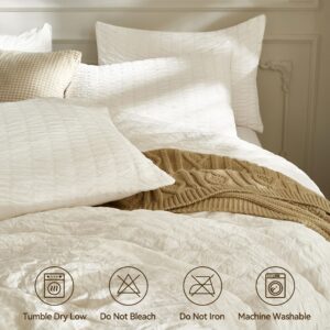 JELLYMONI White Duvet Cover Queen Size, 3pcs Washed Microfiber Bedding Set, Soft Breathable Seersucker Duvet Cover Set with Zipper Closure and Corner Ties for All Seasons