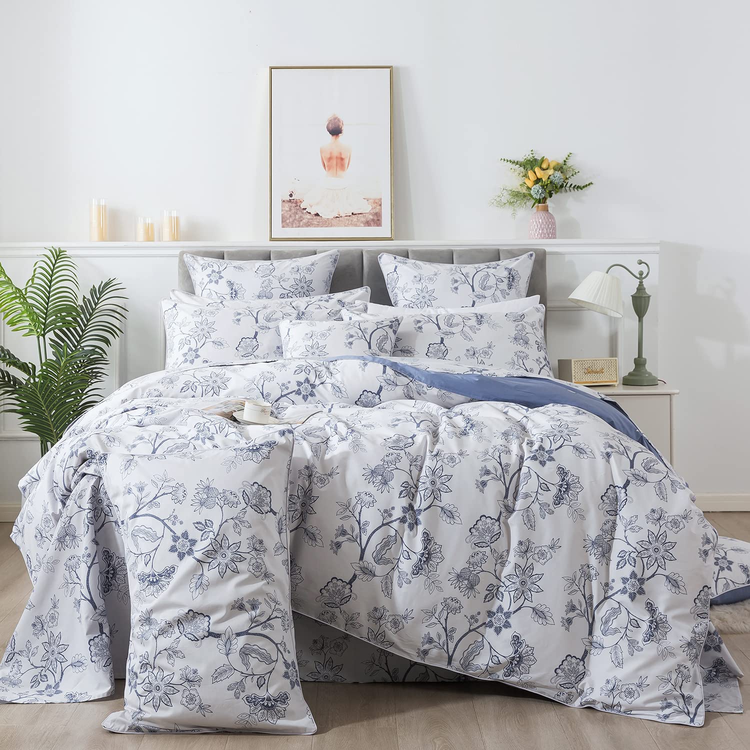 FADFAY 7 Piece 100% Cotton Light Blue Floral Bedding Set Queen Size Bed Sheet Set +Duvet Cover, Soft Toile Flower Complete Bedding(1 Duvet Cover, 1 Fitted Sheet, 1 Flat Sheet + 4 Pillowcase)