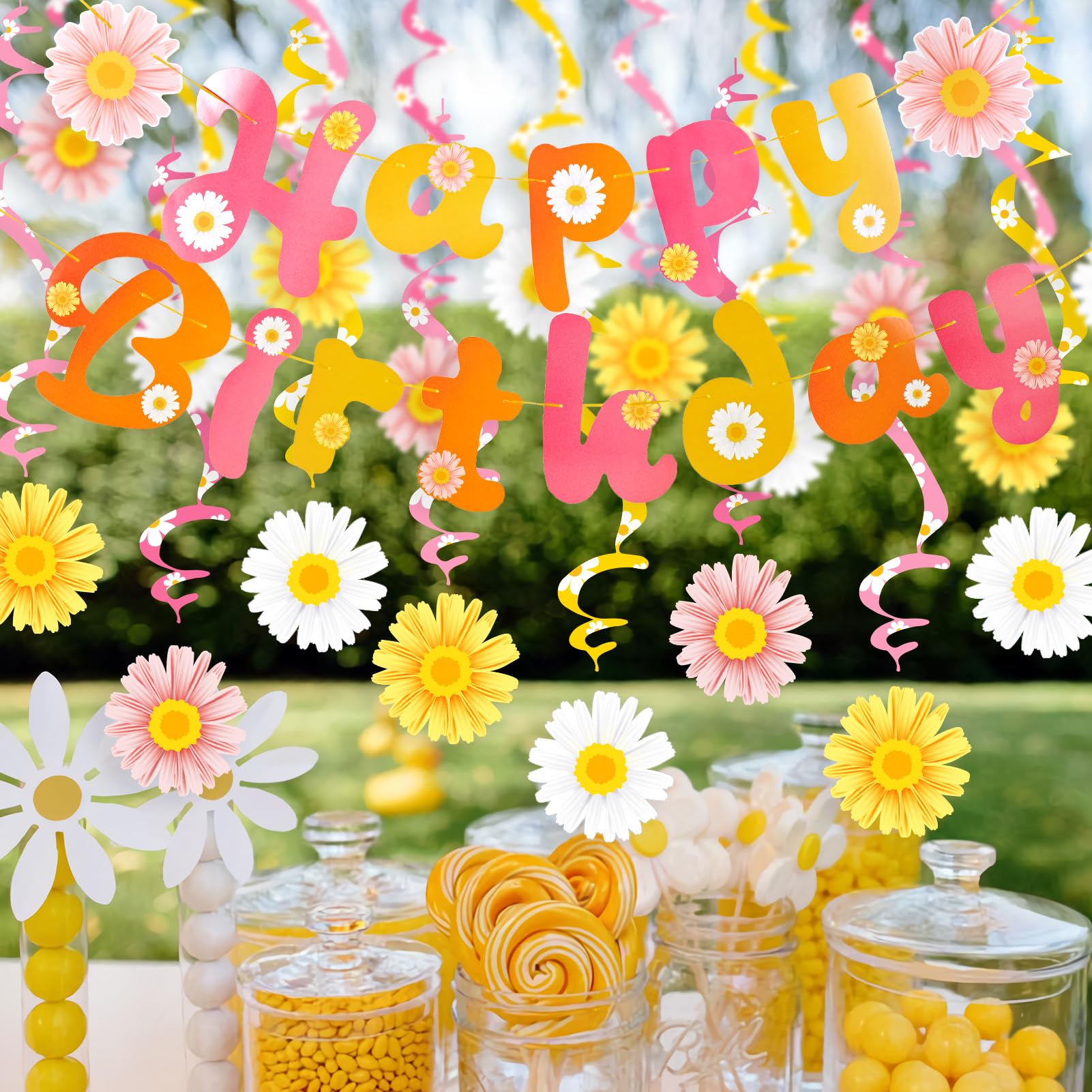 SUNBEAUTY Flower Daisy Birthday Party Decorations Groovy Party Decorations Boho Happy Birthday Party Decorations Daisy Hanging Swirls Retro Hippie Party Party Supplies Baby Shower