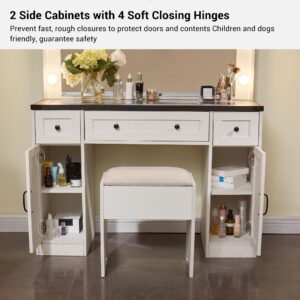 JXQTLINGMU Farmhouse Vanity Desk with Hollywood Makeup Mirror - Ample Storage Space with 3 Drawers & 2 Cabinets - Detachable Light Bulbs, Stool Included, Bedroom, White