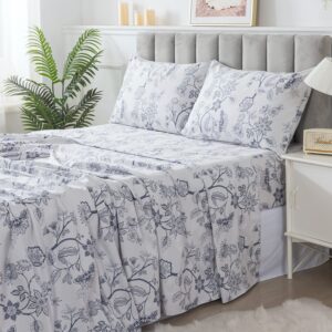 FADFAY 7 Piece 100% Cotton Light Blue Floral Bedding Set Queen Size Bed Sheet Set +Duvet Cover, Soft Toile Flower Complete Bedding(1 Duvet Cover, 1 Fitted Sheet, 1 Flat Sheet + 4 Pillowcase)