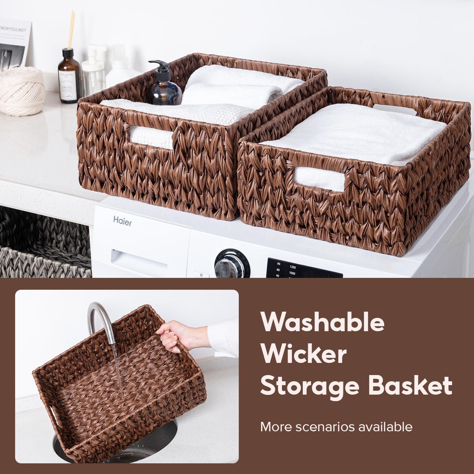 ATEDIR Large Wicker Basket, Waterproof Wicker Storage Basket, Odorless Plastic Woven Baskets for Organizing, Rectangle Rattan Basket with Handle, Brown (17x13x7inch & 15.6x11.6x6inch)