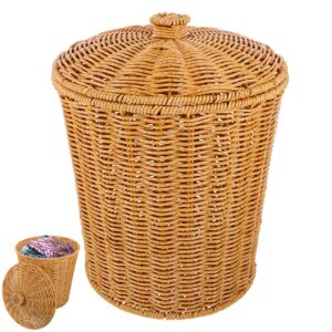 angoily wicker trash can with lid, wicker bathroom trash can, round rattan waste basket, woven trash can, wicker wastebasket garbage bin for bedroom kitchen home office