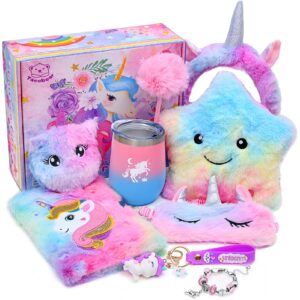 tacobear unicorns gifts for girls kids toys 6 7 8 9 10 years old with star light up pillow stationery plush diary with lock headband eye mask water bottle teen girl birthday christmas unicorn toy