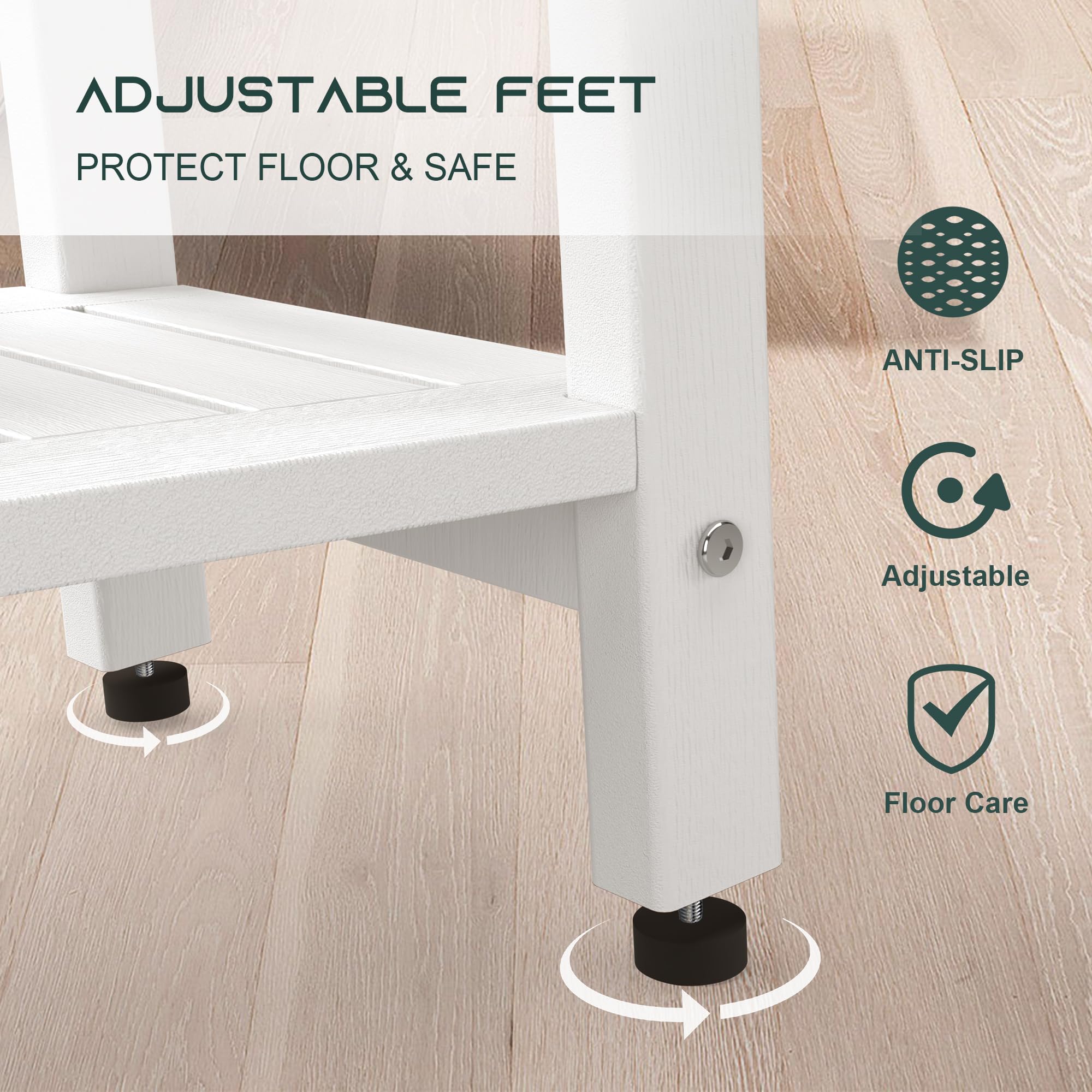 BEKVEM Shower Bench for Inside Shower - White HDPE Shower Stool Waterproof - Spa Bathroom Seat Chair with Handle, Storage Shelf, Adjustable Feet - Indoor/Outdoor, Weather Resistant