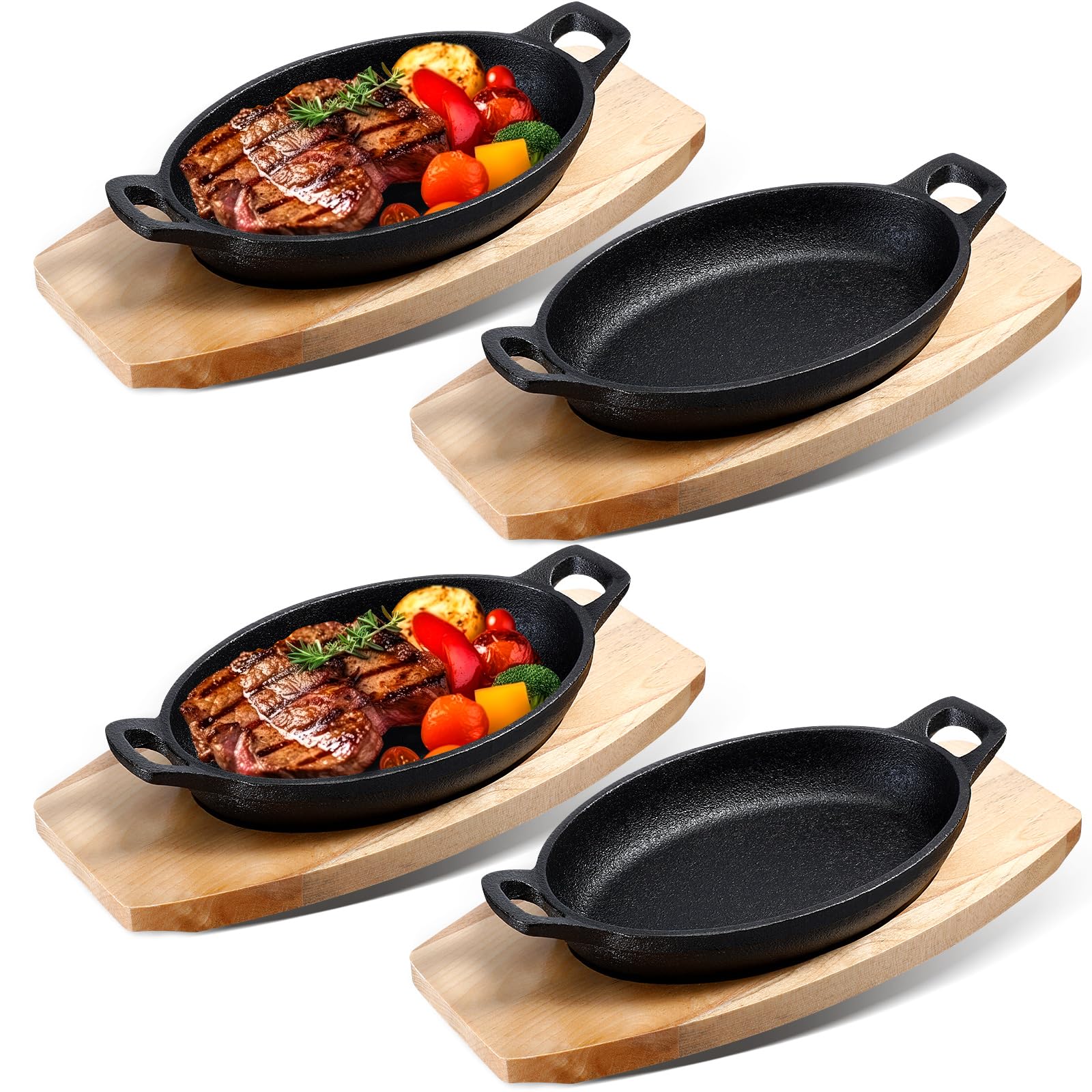 Mifoci Set of 4 Cast Iron Mini Oval Serving Dish Pans with Wooden Base 8oz Mini Cast Fajitas Iron Small Iron Skillet Dishes Black Little Pans Skillets for Baking Roasting (8.5 x 6.1 x 1.7 Inch)