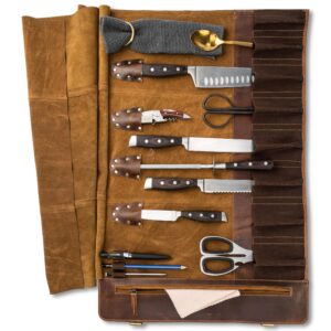 Angus Stoke Premium Leather Knife roll Storage Bag XXL - 14 Pockets, Buffalo Leather with Shoulder Strap, Chef's Knife Bag case Rene (Walnut-Brown)