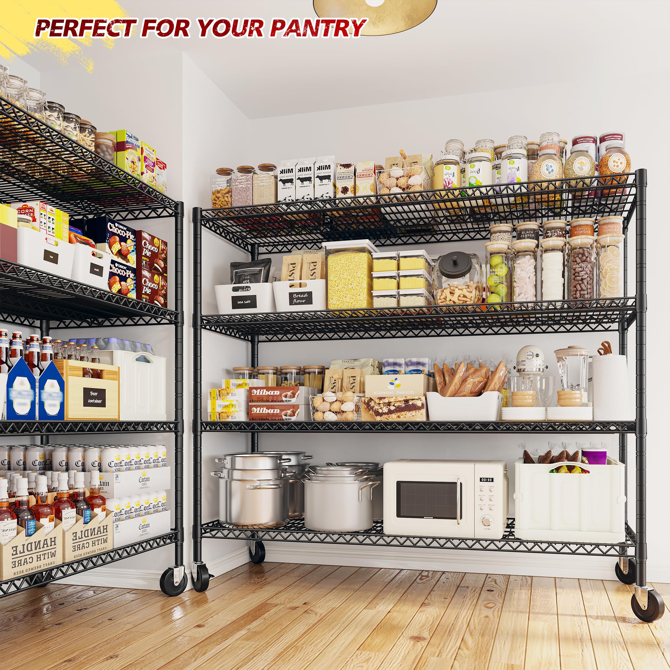 REIBII Storage Shelves 75.6" H Wire Shelving Unit with Wheels 2500LBS Heavy Duty Metal Shelves for Storage Adjustable Garage Storage Rack Pantry Shelf Commercial Shelving, 75.6" H X 55.5''W X 24" D