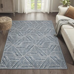 JONATHAN Y WSH313A-4 Vector Modern Coastal Geometric Machine-Washable Area Rug, Contemporary, Minimalist, Casual, Transitional for Living Room, Dining Room, Bedroom, Kitchen, Blue/Cream, 4 X 6