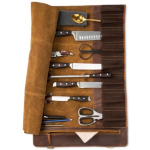 Angus Stoke Premium Leather Knife roll Storage Bag XXL - 14 Pockets, Buffalo Leather with Shoulder Strap, Chef's Knife Bag case Rene (Walnut-Brown)