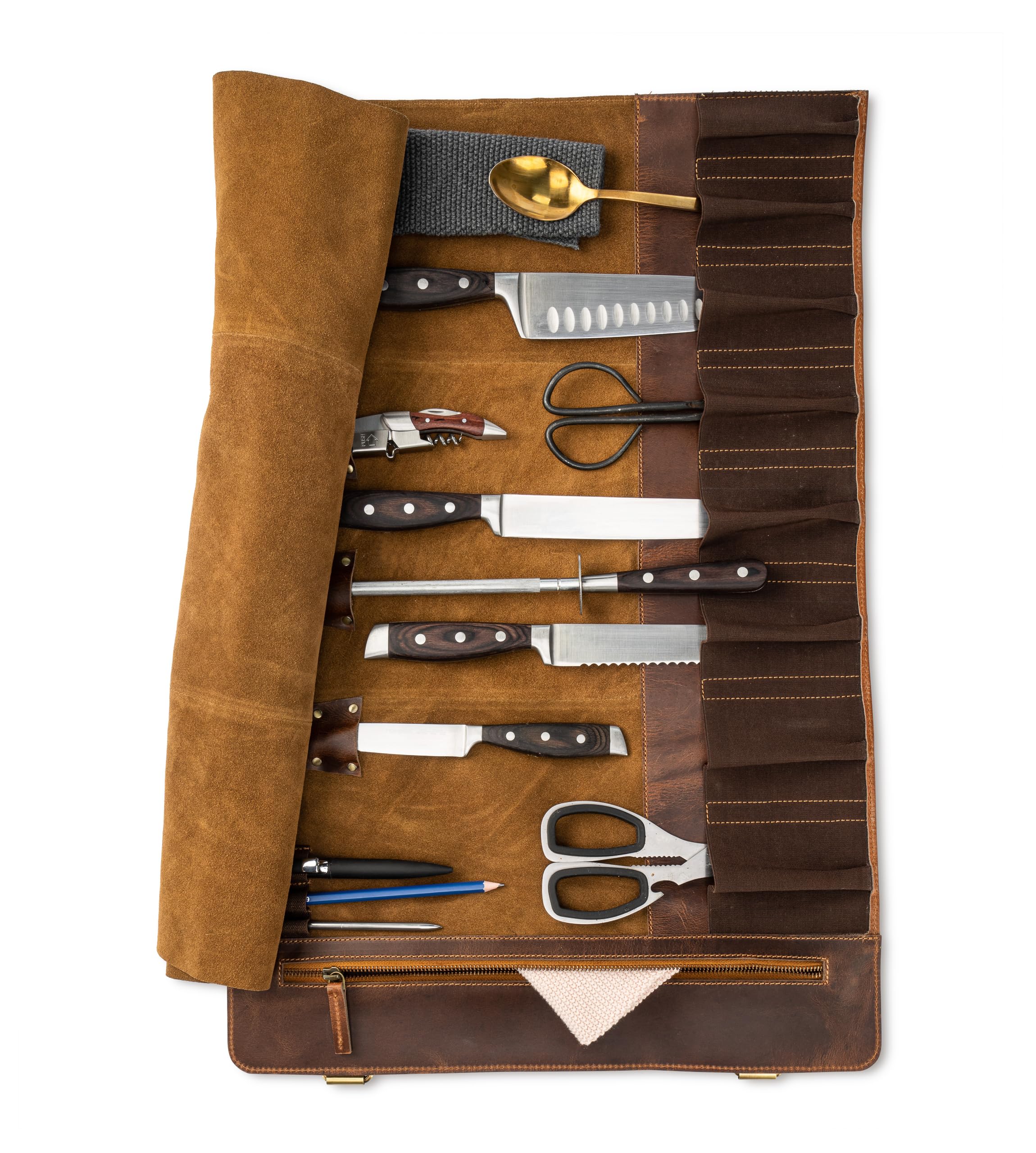 Angus Stoke Premium Leather Knife roll Storage Bag XXL - 14 Pockets, Buffalo Leather with Shoulder Strap, Chef's Knife Bag case Rene (Walnut-Brown)