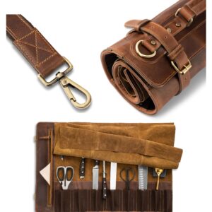 Angus Stoke Premium Leather Knife roll Storage Bag XXL - 14 Pockets, Buffalo Leather with Shoulder Strap, Chef's Knife Bag case Rene (Walnut-Brown)