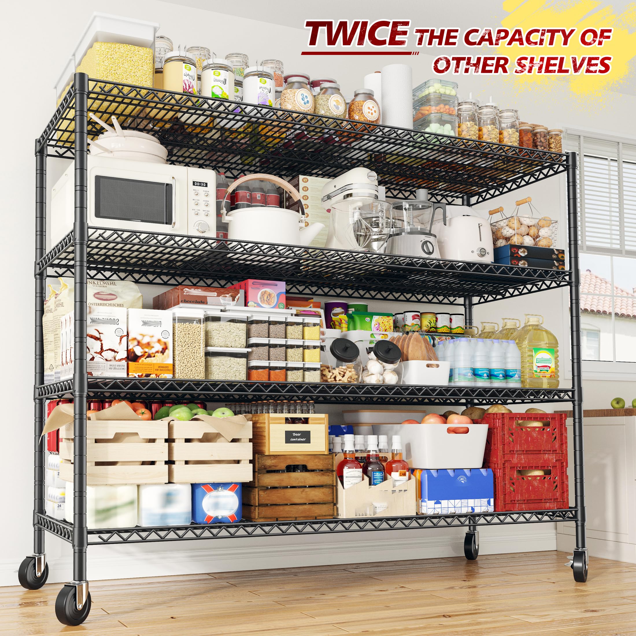 REIBII Storage Shelves 75.6" H Wire Shelving Unit with Wheels 2500LBS Heavy Duty Metal Shelves for Storage Adjustable Garage Storage Rack Pantry Shelf Commercial Shelving, 75.6" H X 55.5''W X 24" D