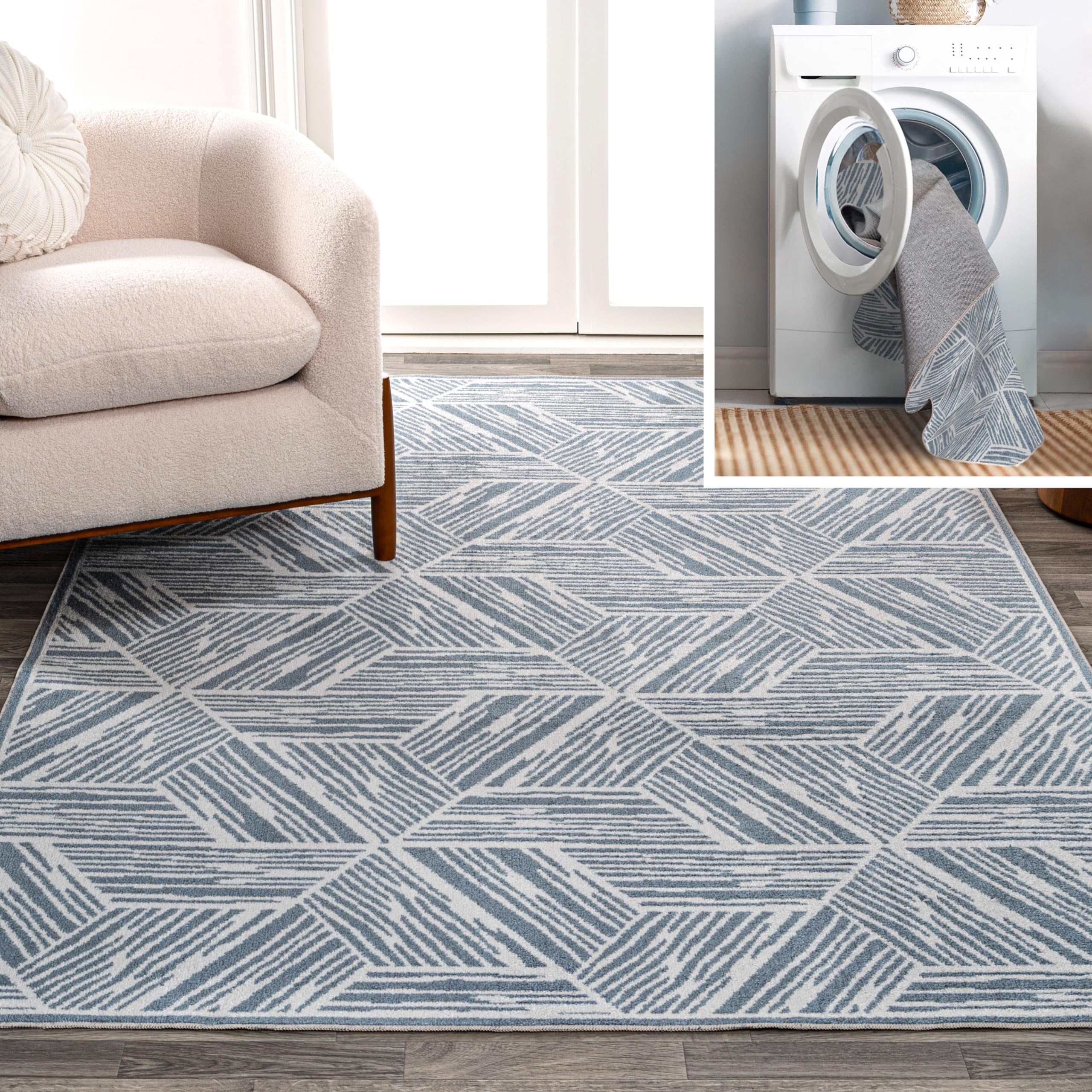 JONATHAN Y WSH313A-4 Vector Modern Coastal Geometric Machine-Washable Area Rug, Contemporary, Minimalist, Casual, Transitional for Living Room, Dining Room, Bedroom, Kitchen, Blue/Cream, 4 X 6