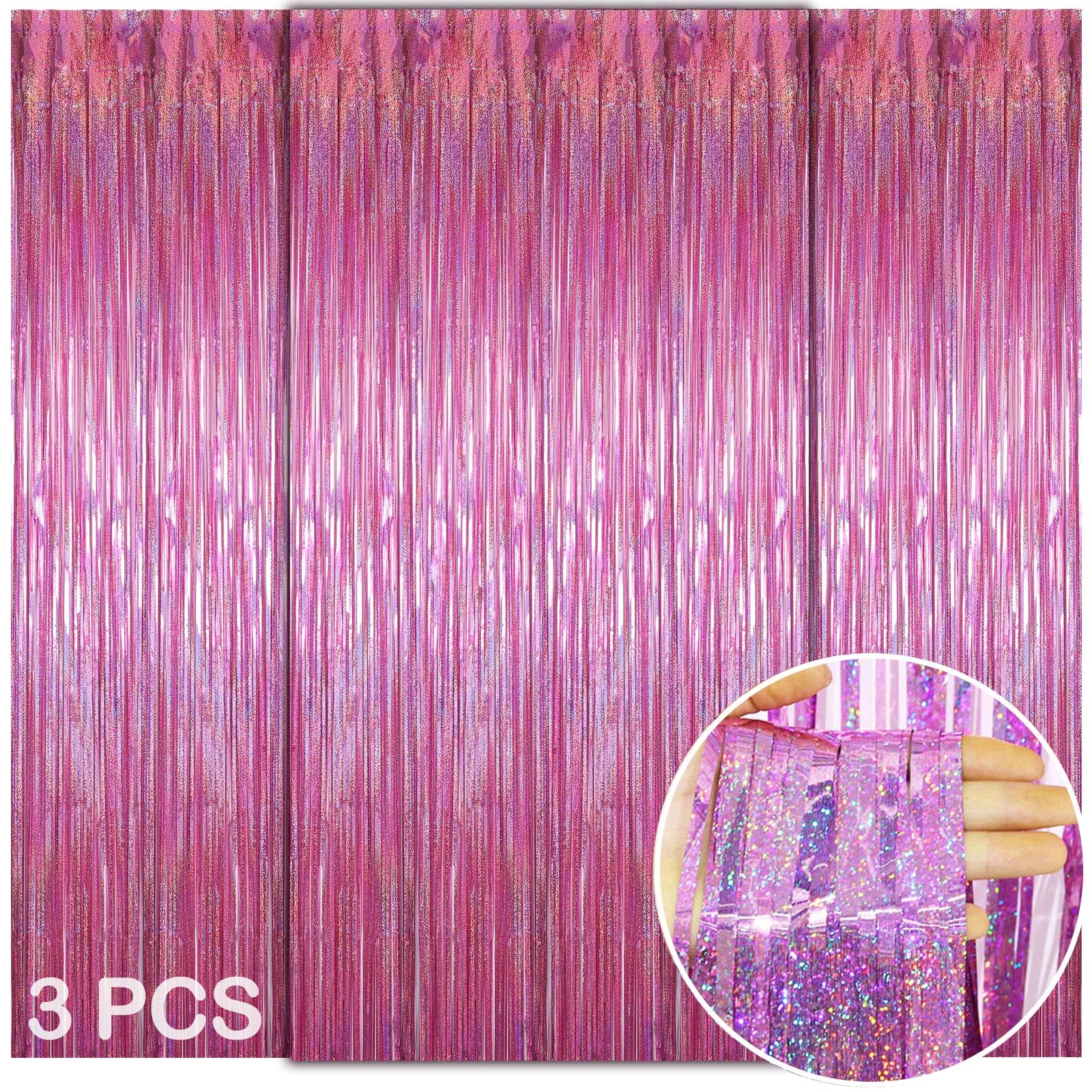 WD&CD Pink Tinsel Foil Curtains, 3 Pack 3.3x6.6 ft Pink Streamers Glitter Foil Fringe for Party Decoration, Birthday Decoration, Wedding Decoration, Graduation Decoration, Baby Shower Decoration