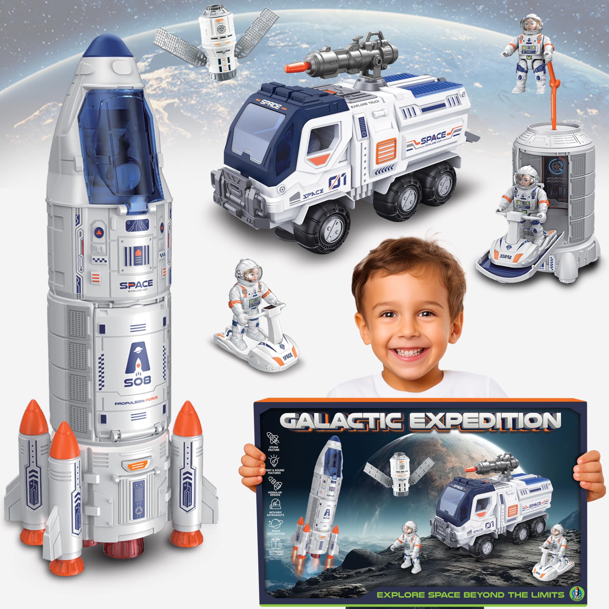 BLOONSY Rocket Ship Toys for Kids | Rocketship Space Shuttle Toys Model with Astronaut Figures | Space Toys for Kids 3 5 7 8 Years Old