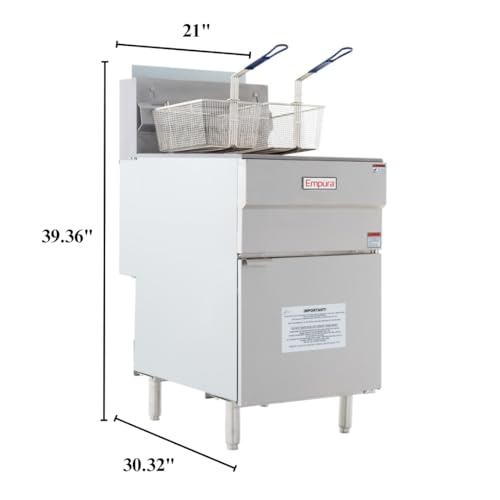 EMPURA 80 lb Freestanding Floor Natural Gas Fryer | Deep Frying with (2) Removable Baskets and (5) Cast-Iron Vertical Burner Tubes for Kitchen Restaurant | 39.36"H x 21"W x 30.32"D, Stainless Steel