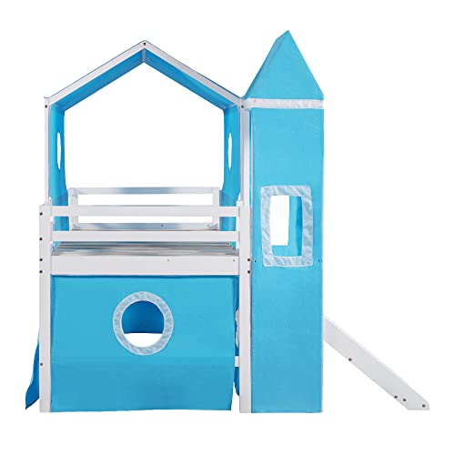 DEYOBED Twin Size Bunk Bed with Slide and Built-in Ladder, Wood Castle Loft Bed Frame with Blue Tent and Tower, Ideal Playhouse for Kids Boys Girls, Blue