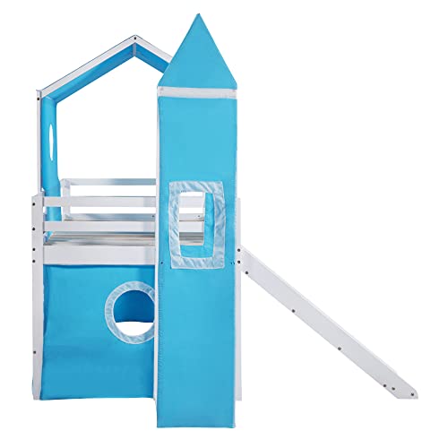 DEYOBED Twin Size Bunk Bed with Slide and Built-in Ladder, Wood Castle Loft Bed Frame with Blue Tent and Tower, Ideal Playhouse for Kids Boys Girls, Blue