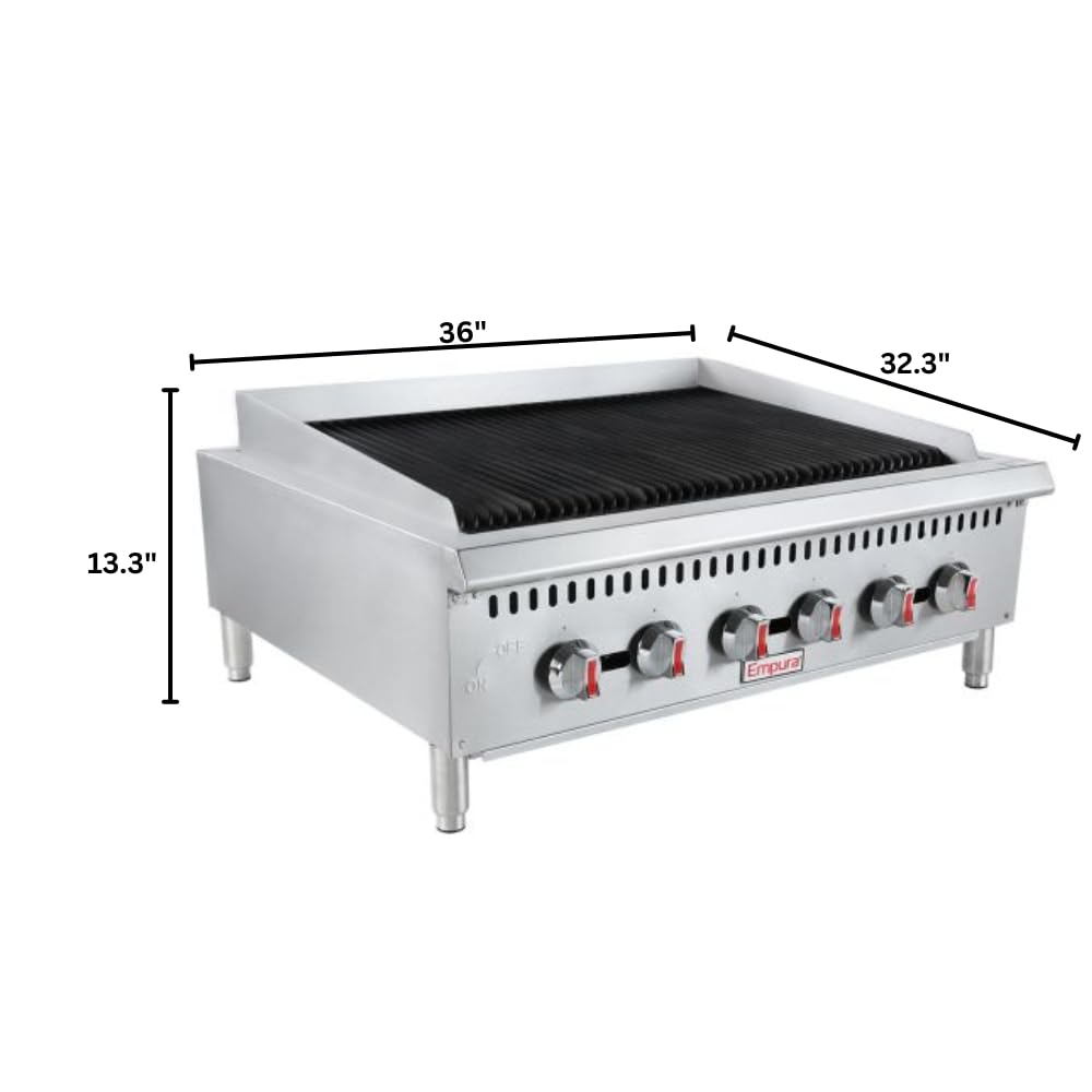 EMPURA 36" Countertop Gas Radiant Charbroiler with Reversible Cast-Iron Grate for Buffet Food Truck | (3) Burners, 90,000 BTU | 36"W x 32.3"D x 13.3"H, Stainless Steel (Includes: LP Conversion Kit)