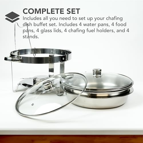 Alpha Living Chafing Dish Buffet Set of 4 – Complete Stainless Steel Chaffe Buffet Set with Glass Lids, Chafing Fuel Holder – Elegant and Practical Warmer Trays for Buffet, Wedding, Catering Supplies