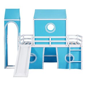 DEYOBED Twin Size Bunk Bed with Slide and Built-in Ladder, Wood Castle Loft Bed Frame with Blue Tent and Tower, Ideal Playhouse for Kids Boys Girls, Blue