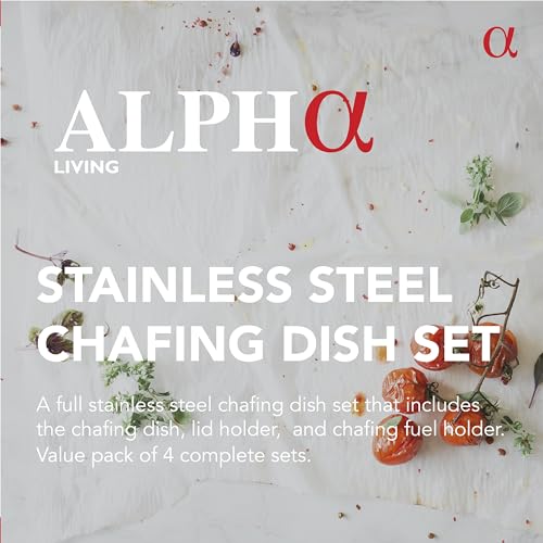 Alpha Living Chafing Dish Buffet Set of 4 – Complete Stainless Steel Chaffe Buffet Set with Glass Lids, Chafing Fuel Holder – Elegant and Practical Warmer Trays for Buffet, Wedding, Catering Supplies