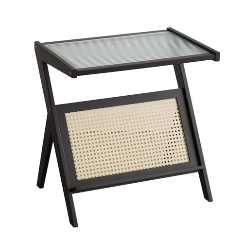 viewcare Black Side Table, Bamboo Wood Small Side Tables for Living Room & Bedroom, Sofa Table with Acrylic Wavy Panel for Small Spaces, Night Stand Table for Bedroom