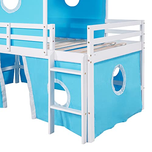 DEYOBED Twin Size Bunk Bed with Slide and Built-in Ladder, Wood Castle Loft Bed Frame with Blue Tent and Tower, Ideal Playhouse for Kids Boys Girls, Blue