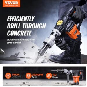 VEVOR Demolition Jack Hammer, MAX 1400W Electric Jackhammer Heavy Duty, 2900 BPM Concrete Breaker, 2pcs Chisels Bits Chipping with Case, Gloves