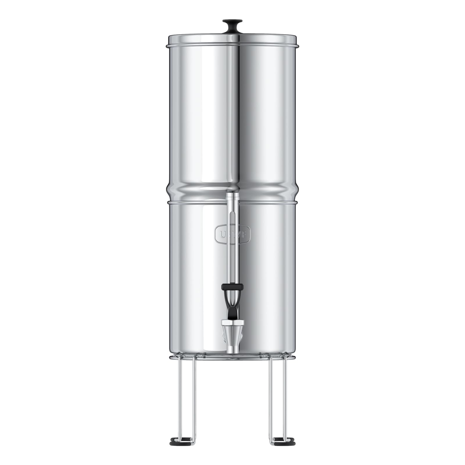 USWF Gravity Fed Water Filter System - 2.25 Gal Stainless Steel w/ 2 Carbon Filters, 2 Fluoride Filters, Portable Countertop Filtration System, Metal Sight Glass Spigot, Stand, NSF/ANSI 372 Certified