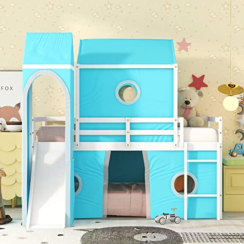 DEYOBED Twin Size Bunk Bed with Slide and Built-in Ladder, Wood Castle Loft Bed Frame with Blue Tent and Tower, Ideal Playhouse for Kids Boys Girls, Blue