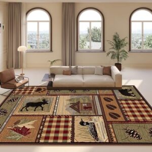 soyalie empire bear cabin area rug for living room vintage rustic lodge maple leaves print carpet non-slip brown plaid rugs decor 5'x7'