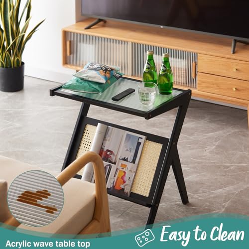 viewcare Black Side Table, Bamboo Wood Small Side Tables for Living Room & Bedroom, Sofa Table with Acrylic Wavy Panel for Small Spaces, Night Stand Table for Bedroom