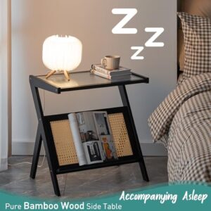 viewcare Black Side Table, Bamboo Wood Small Side Tables for Living Room & Bedroom, Sofa Table with Acrylic Wavy Panel for Small Spaces, Night Stand Table for Bedroom