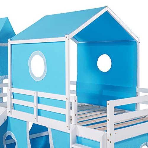 DEYOBED Twin Size Bunk Bed with Slide and Built-in Ladder, Wood Castle Loft Bed Frame with Blue Tent and Tower, Ideal Playhouse for Kids Boys Girls, Blue