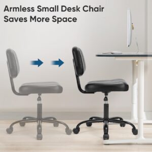 DUMOS Armless Home Office Desk Chair -Small Ergonomic with Low Back Lumbar Support, Height Adjustable PU Leather Computer Task with 360° Swivel Rolling Wheels, for Small Space, Black