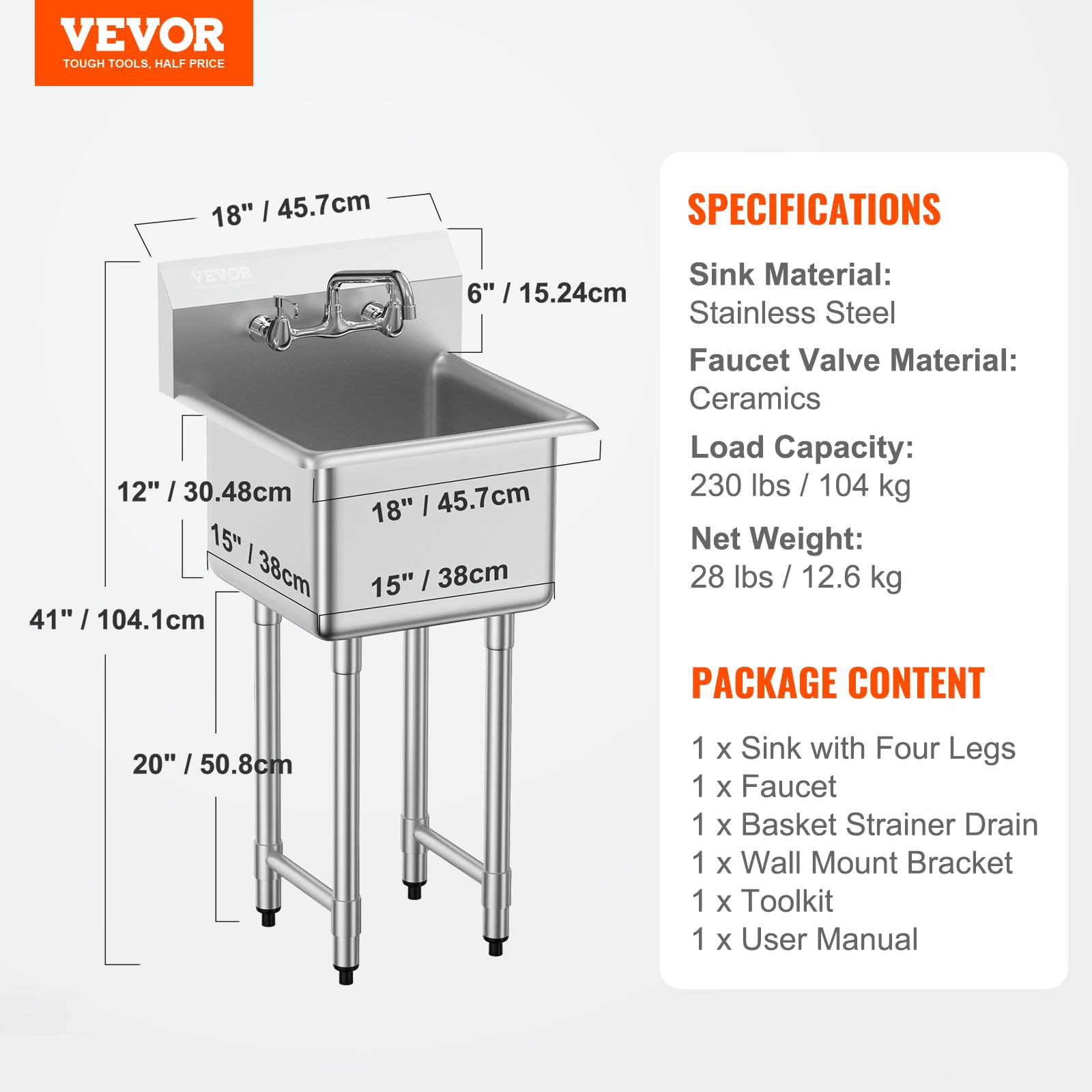 VEVOR Stainless Steel Sink, 1 Compartment Free Standing Small Sink Include Faucet & legs, 18"x41" Commercial Single Bowl Sinks for Garage, Restaurant, Kitchen, Laundry, NSF Certified