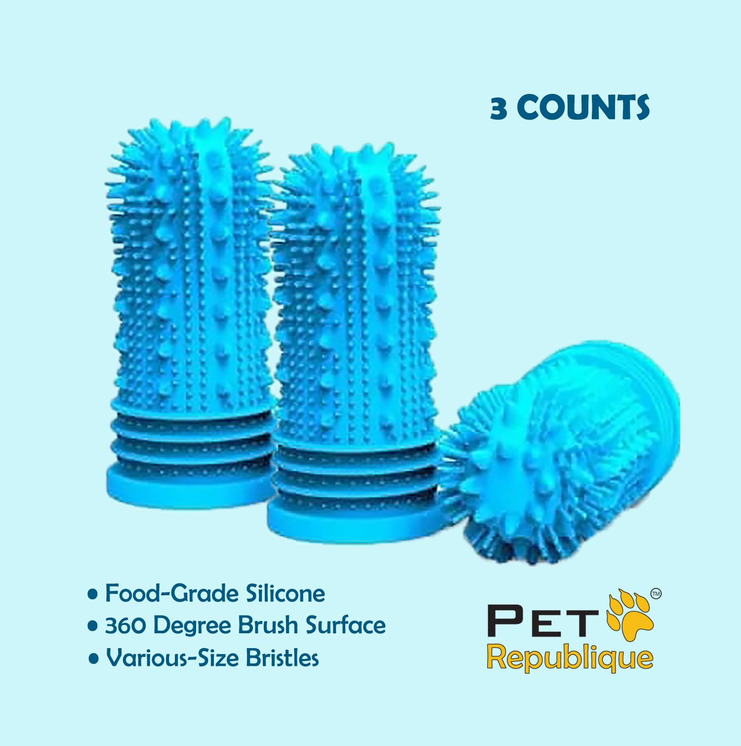 Pet Republique 360 Degree Finger Toothbrush for Dogs and Cats – Full Surround Silicone Bristles (3-Count & 1-Storage Case)