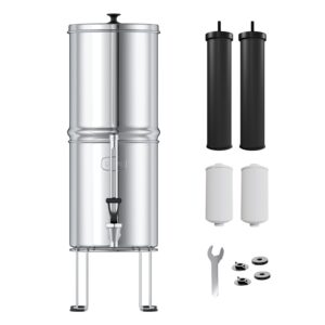 uswf gravity fed water filter system - 2.25 gal stainless steel w/ 2 carbon filters, 2 fluoride filters, portable countertop filtration system, metal sight glass spigot, stand, nsf/ansi 372 certified