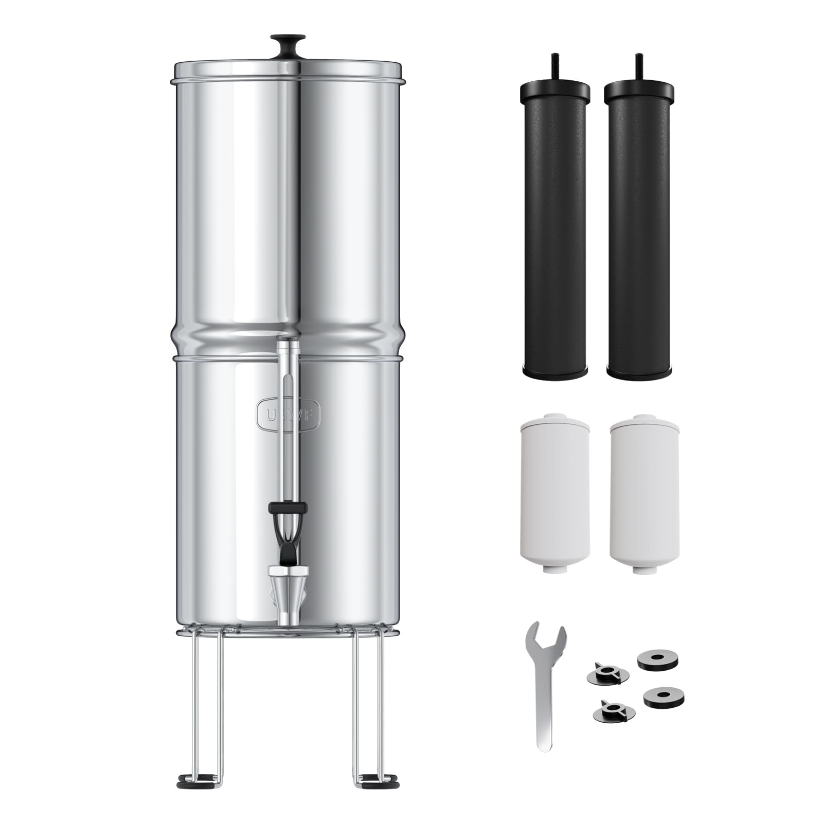 USWF Gravity Fed Water Filter System - 2.25 Gal Stainless Steel w/ 2 Carbon Filters, 2 Fluoride Filters, Portable Countertop Filtration System, Metal Sight Glass Spigot, Stand, NSF/ANSI 372 Certified