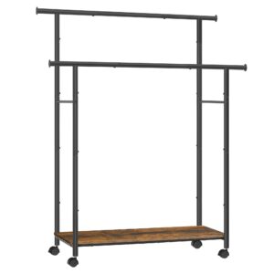 songmics clothes rack with wheels, double-rod clothing rack for hanging clothes, 38.8 inches garment rack with shelf, loads up to 220 lb, for bedroom, closet, rustic brown and ink black uhsr152b01