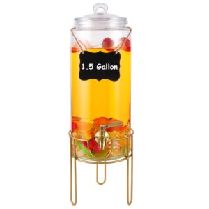 1.5 gallon drink dispenser, glass beverage dispenser with stand, drink dispensers for parties with stainless steel spigot + marker & chalkboard 100% leakproof. perfect for parties and daily use