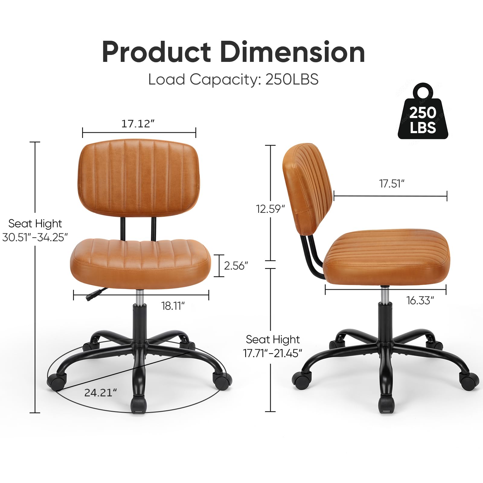 Armless Home Office Desk Chair -Small Ergonomic with Low Back Lumbar Support, Height Adjustable PU Leather Computer Task with 360° Swivel Rolling Wheels, for Small Space, Brown