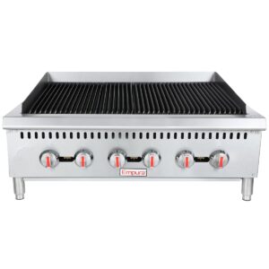 empura 36" countertop gas radiant charbroiler with reversible cast-iron grate for buffet food truck | (3) burners, 90,000 btu | 36"w x 32.3"d x 13.3"h, stainless steel (includes: lp conversion kit)