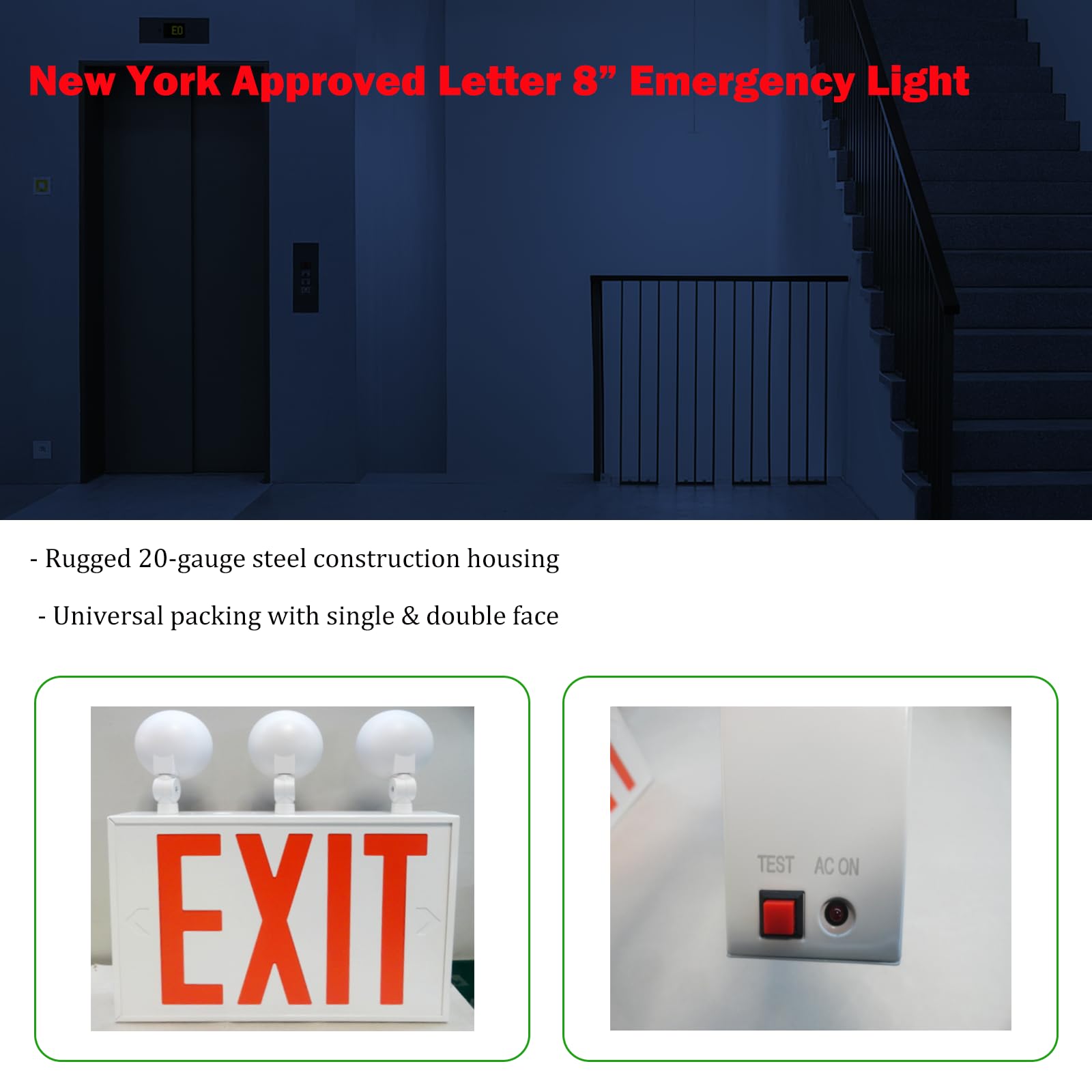 Garrini New York Approved Letter 8" Steel LED Emergency Light Exit Sign Combo Adjustable Lamps Heads, 120-277V, Single and Double Faces, Fire Resistant UL Certified NYC-2000 (3 Heads)