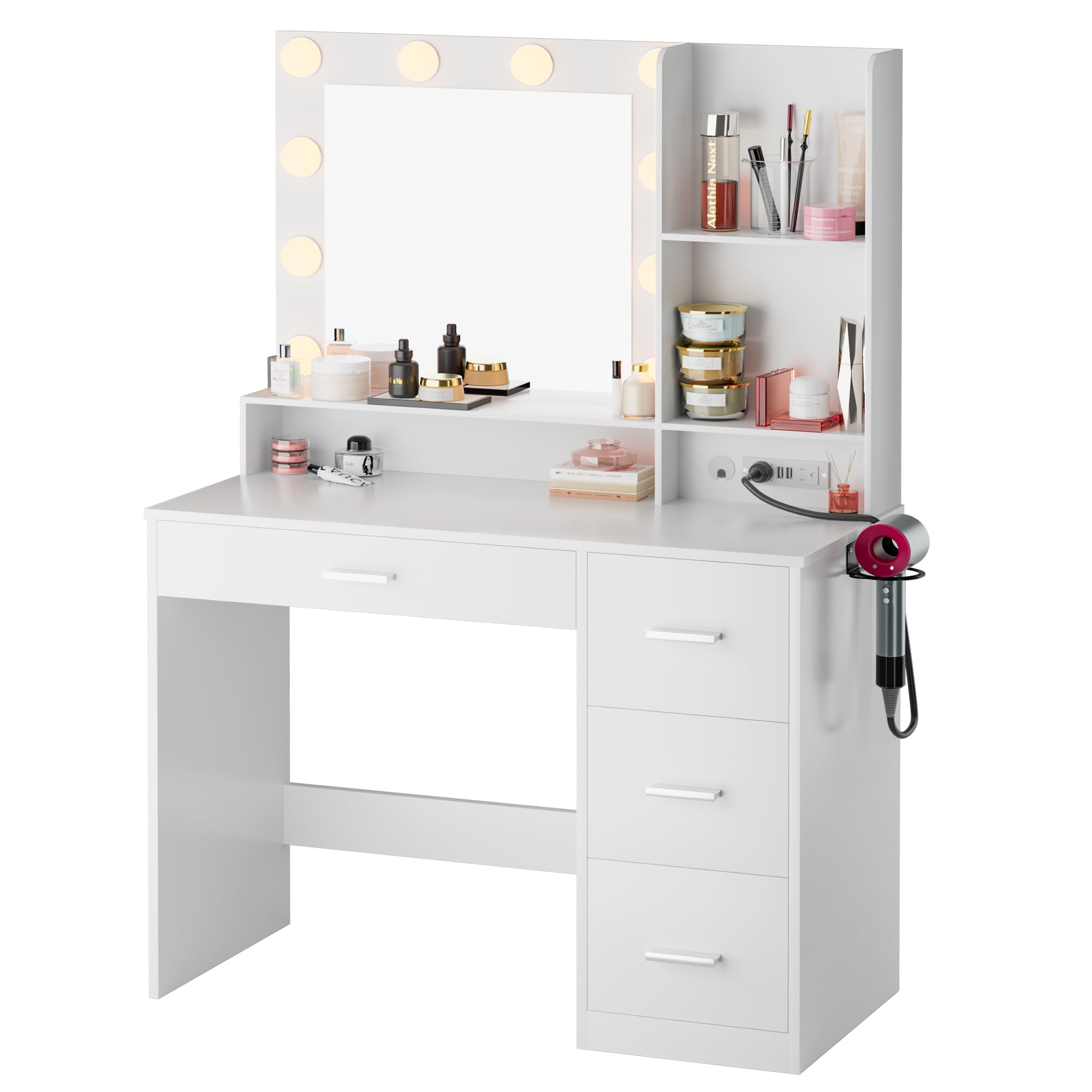 JUMMICO 39.3'' Vanity Desk with LED Lighted Mirror &Power Outlet, Makeup Vanity Table with 4 Large Drawers and 3 Storage Shelves, 3 Model Adjustable Lights for Bedroom & Dressing Room (White)