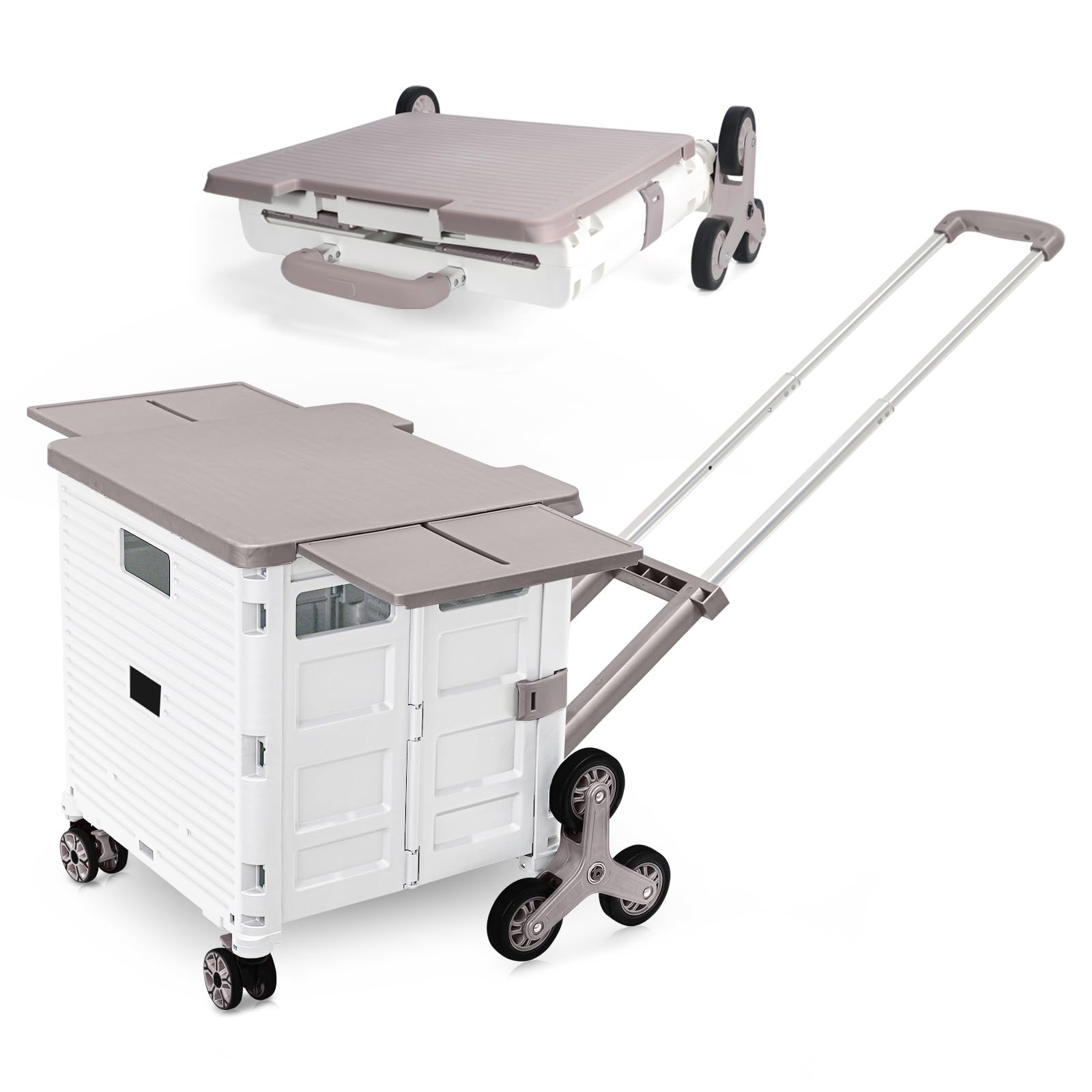 Foldable Utility Cart Portable Crate Rolling Dolly with Telescopic Handle,Can be Pulled diagonally, Magnetic Retractable Lid, 360°Swivel Climbing Wheels for Shopping Carrying Groceries Move White