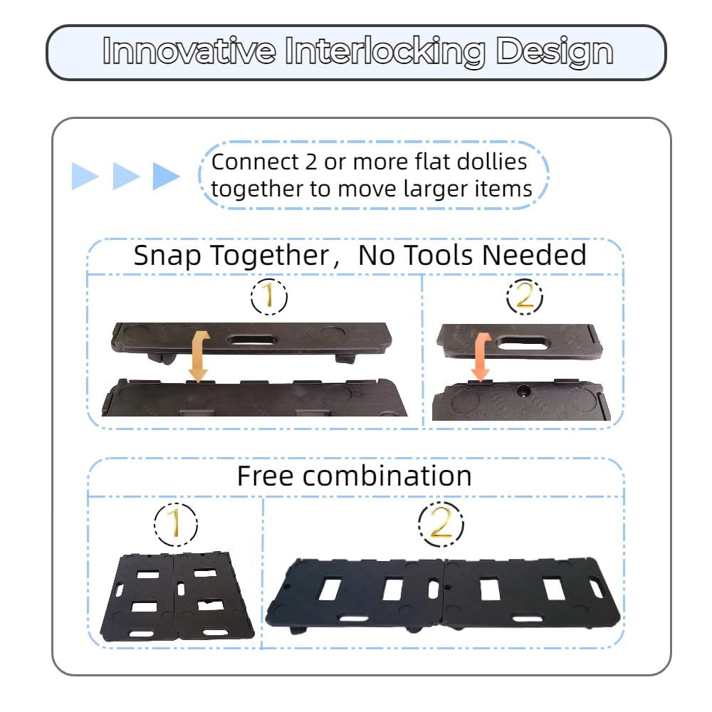 HBFBDRCT Furniture Dolly Spliceable Movers 2 Packs, Securely Holds 220 Lbs, Moving Dolly Cart for Heavy Furniture, Piano, Fridges, Boxes, 5 Wheels Dolly Rolls, No Assembly Required (Black Dolly)