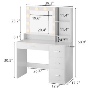 JUMMICO 39.3'' Vanity Desk with LED Lighted Mirror &Power Outlet, Makeup Vanity Table with 4 Large Drawers and 3 Storage Shelves, 3 Model Adjustable Lights for Bedroom & Dressing Room (White)